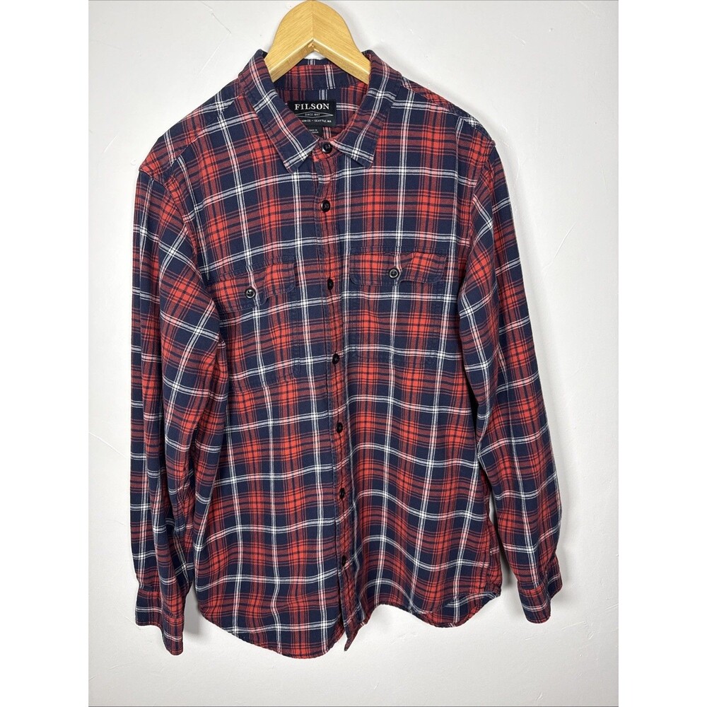 Filson Scout Button Up Shirt Flannel Plaid Shirt Size Large Red White Blue